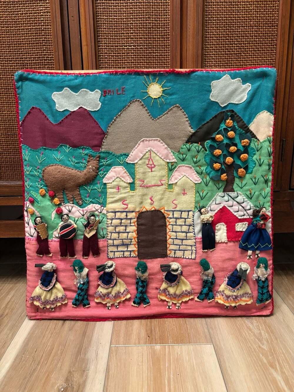 Vintage Peruvian Arpillera 3D Embroidered Folk Art Wall Hanging Signed